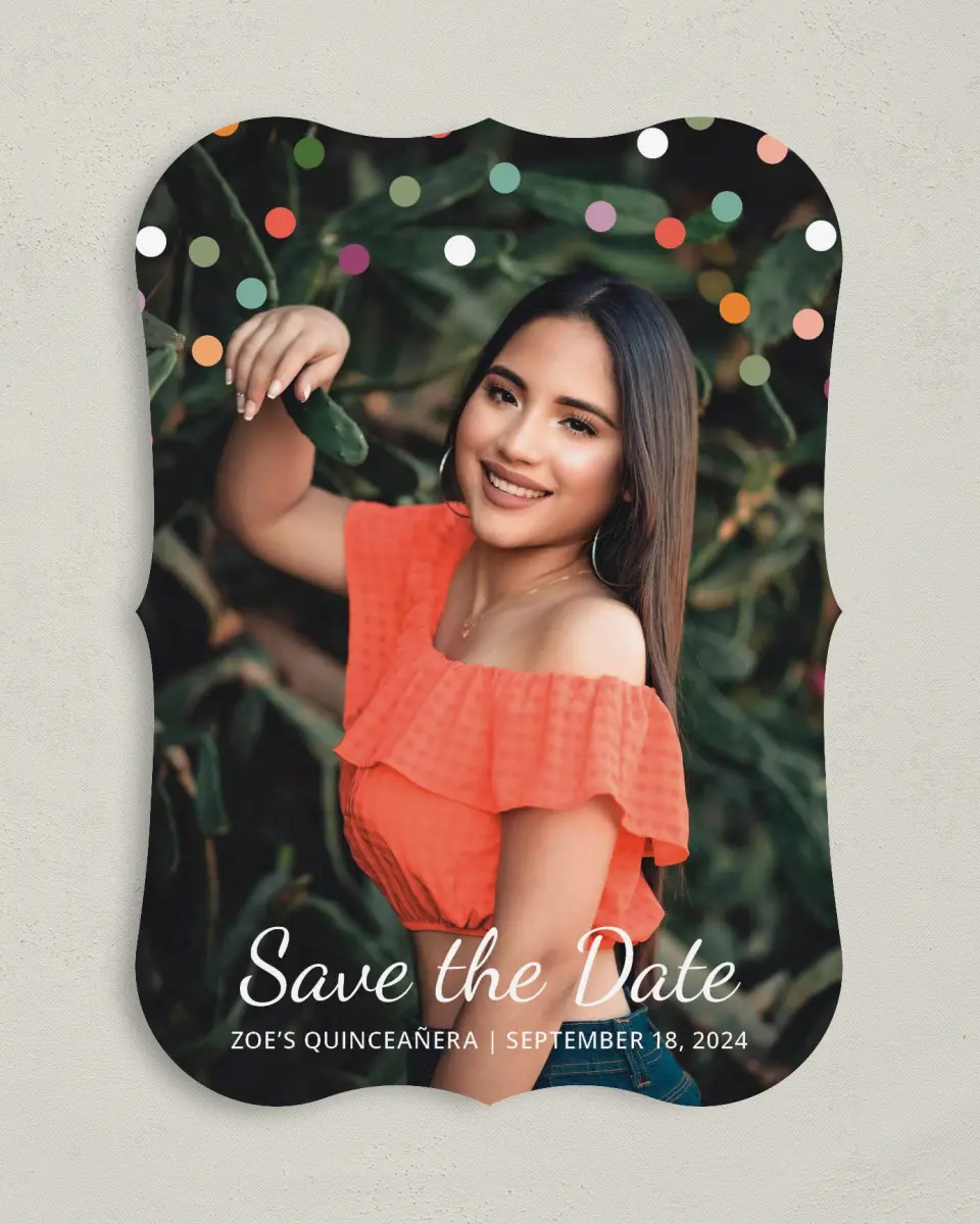 This is a 5" x 7" Quinceanera Save the Date called Radiant Dots printed in full color on Premium Smooth paper