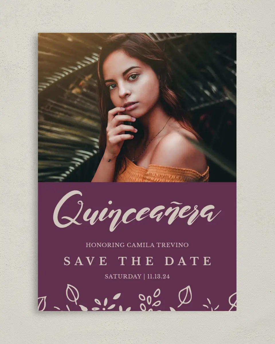 This is a 5" x 7" Quinceanera Save the Date called Flora Flourish printed in full color on Premium Smooth paper