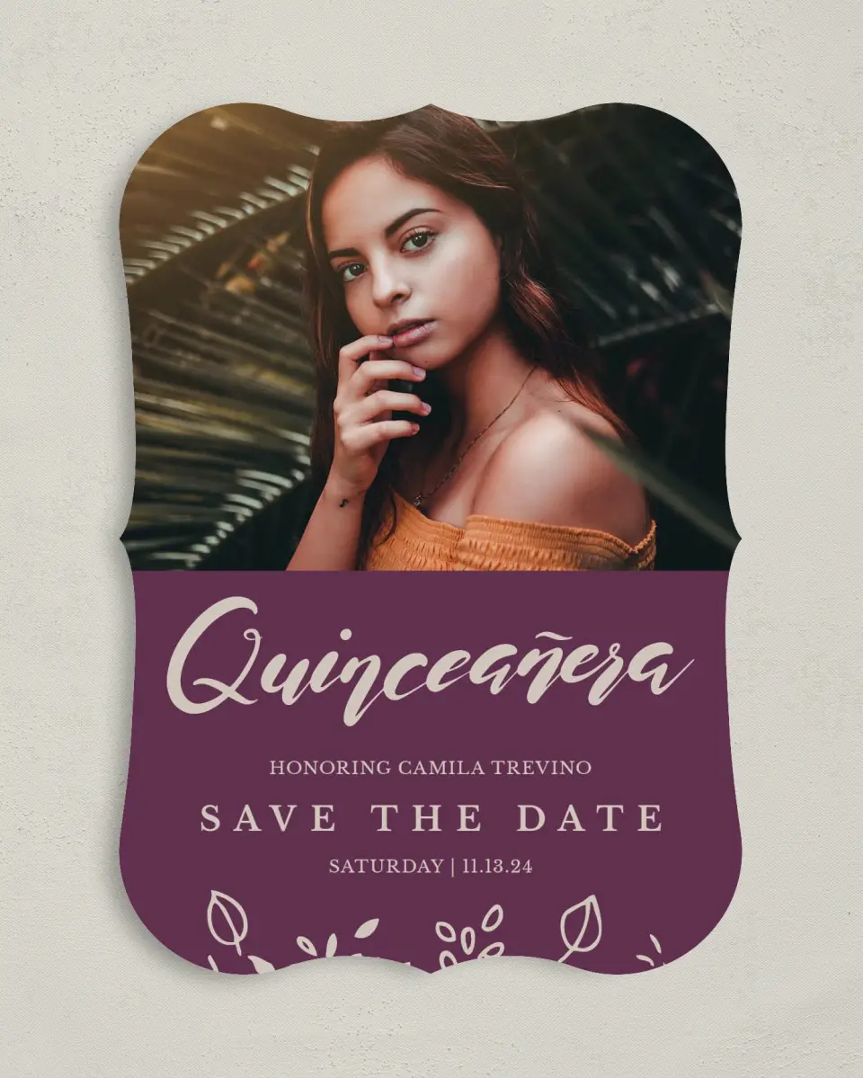 This is a 5" x 7" Quinceanera Save the Date called Flora Flourish printed in full color on Premium Smooth paper