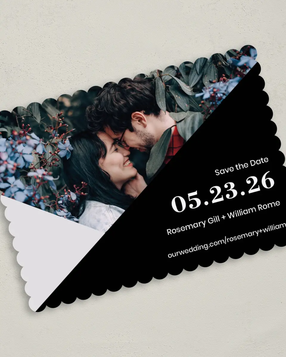 This is a 5" x 7" Save the Date Card called Luster Opulence printed in full color on Premium Smooth paper