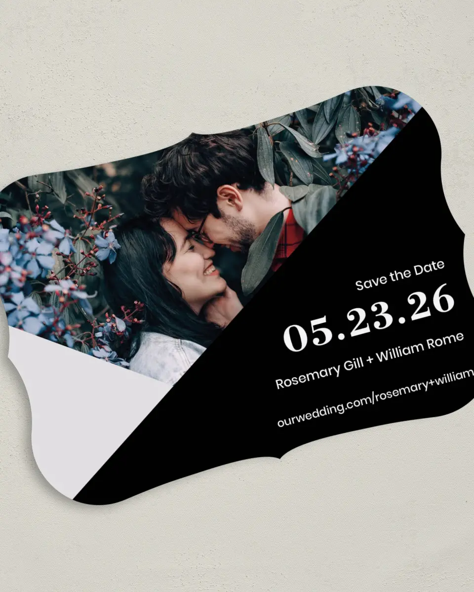 This is a 5" x 7" Save the Date Card called Luster Opulence printed in full color on Premium Smooth paper