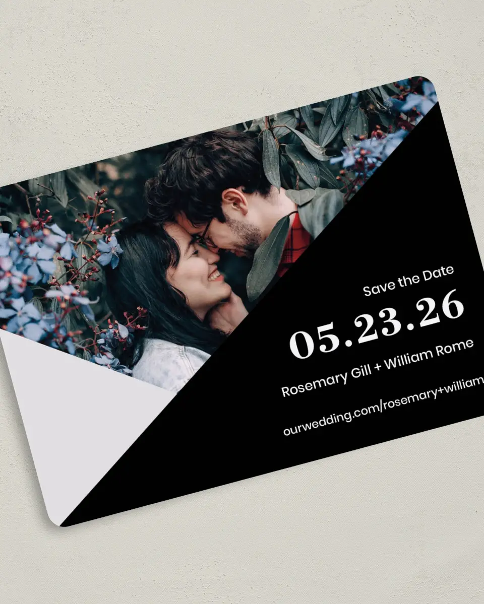 This is a 5" x 7" Save the Date Card called Luster Opulence printed in full color on Premium Smooth paper