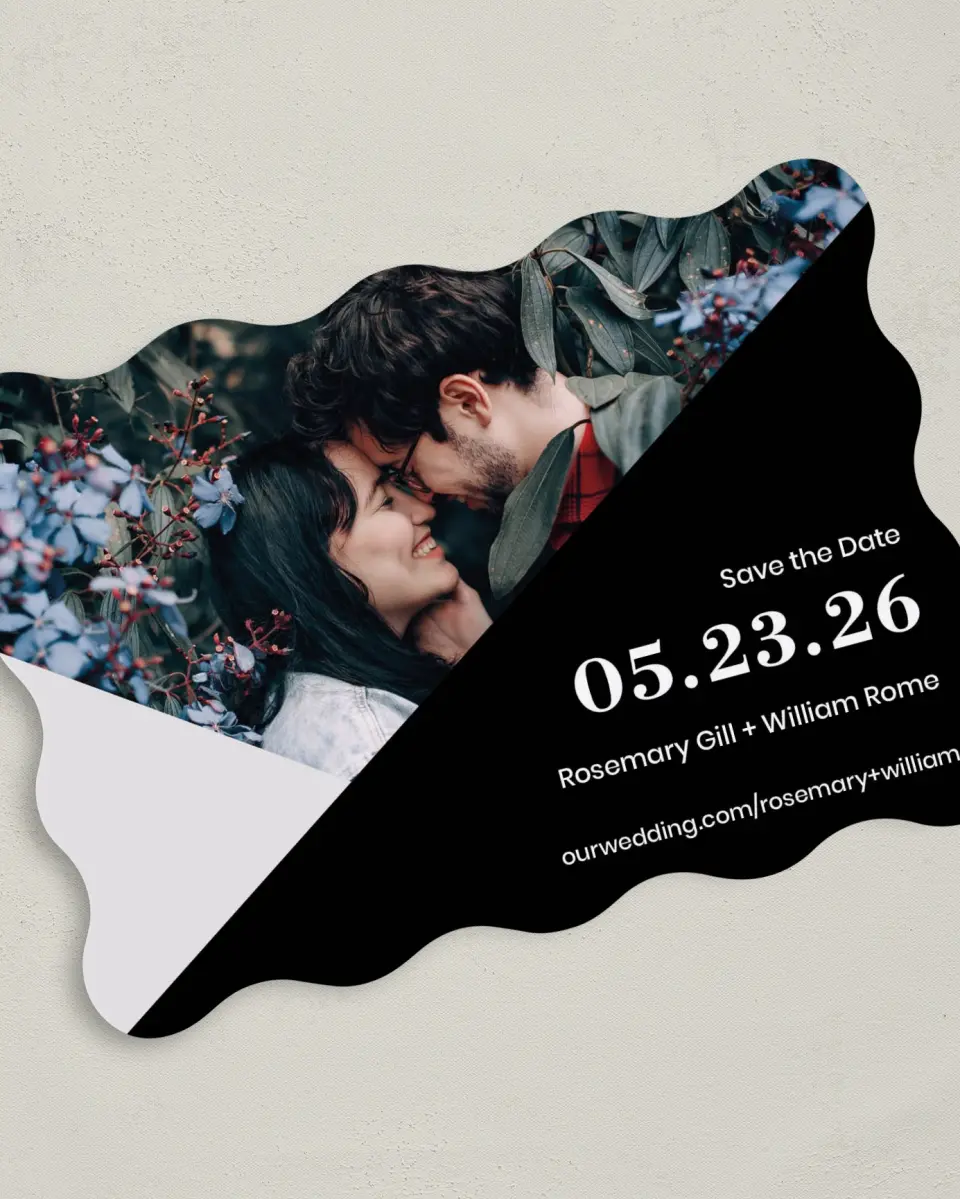 This is a 5" x 7" Save the Date Card called Luster Opulence printed in full color on Premium Smooth paper
