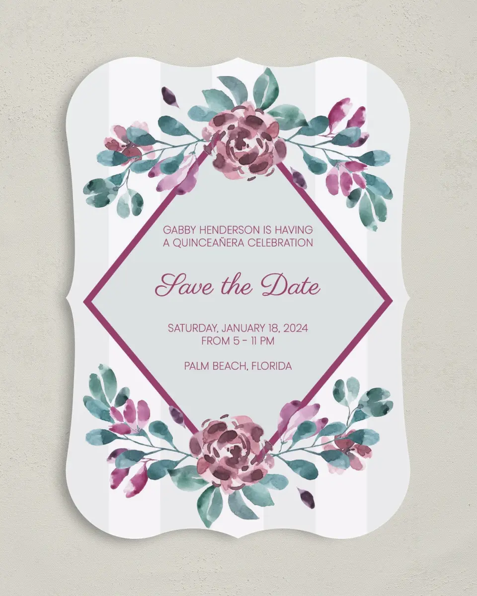 This is a 5" x 7" Quinceanera Save the Date called Ethereal Floret printed in full color on Premium Smooth paper
