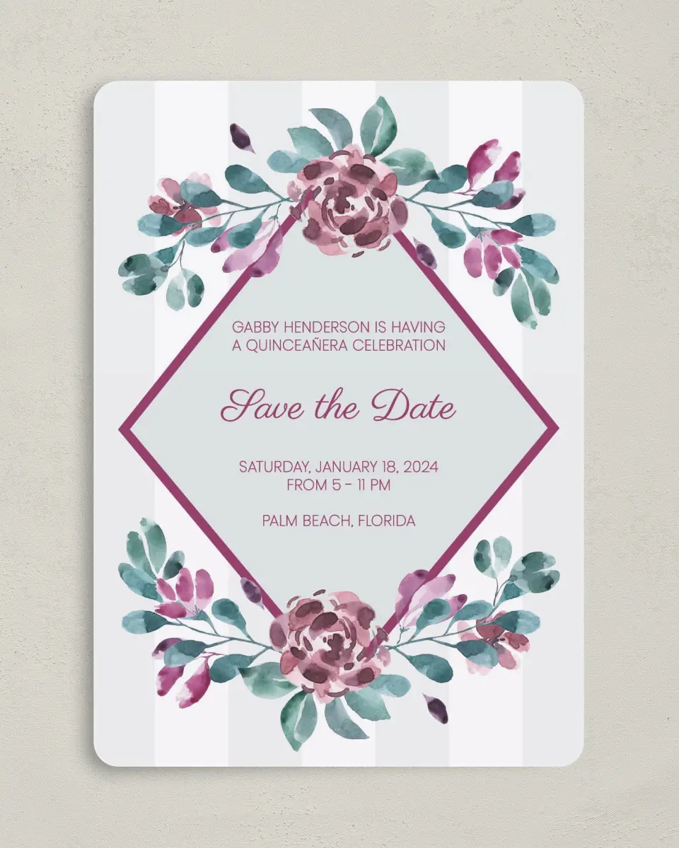 This is a 5" x 7" Quinceanera Save the Date called Ethereal Floret printed in full color on Premium Smooth paper