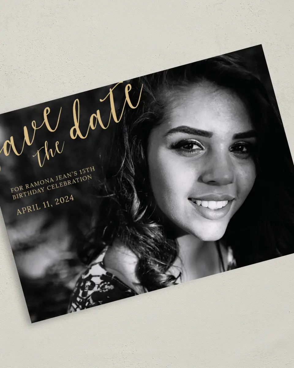 This is a 5" x 7" Quinceanera Save the Date called Then & Now printed in full color on Premium Smooth paper