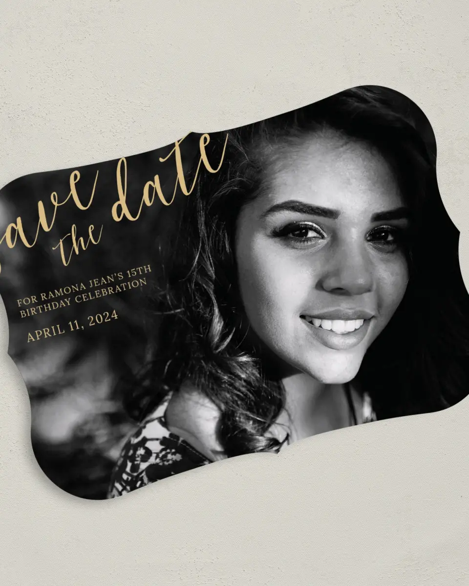 This is a 5" x 7" Quinceanera Save the Date called Then & Now printed in full color on Premium Smooth paper