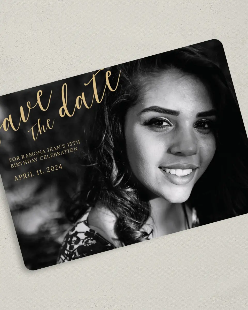 This is a 5" x 7" Quinceanera Save the Date called Then & Now printed in full color on Premium Smooth paper