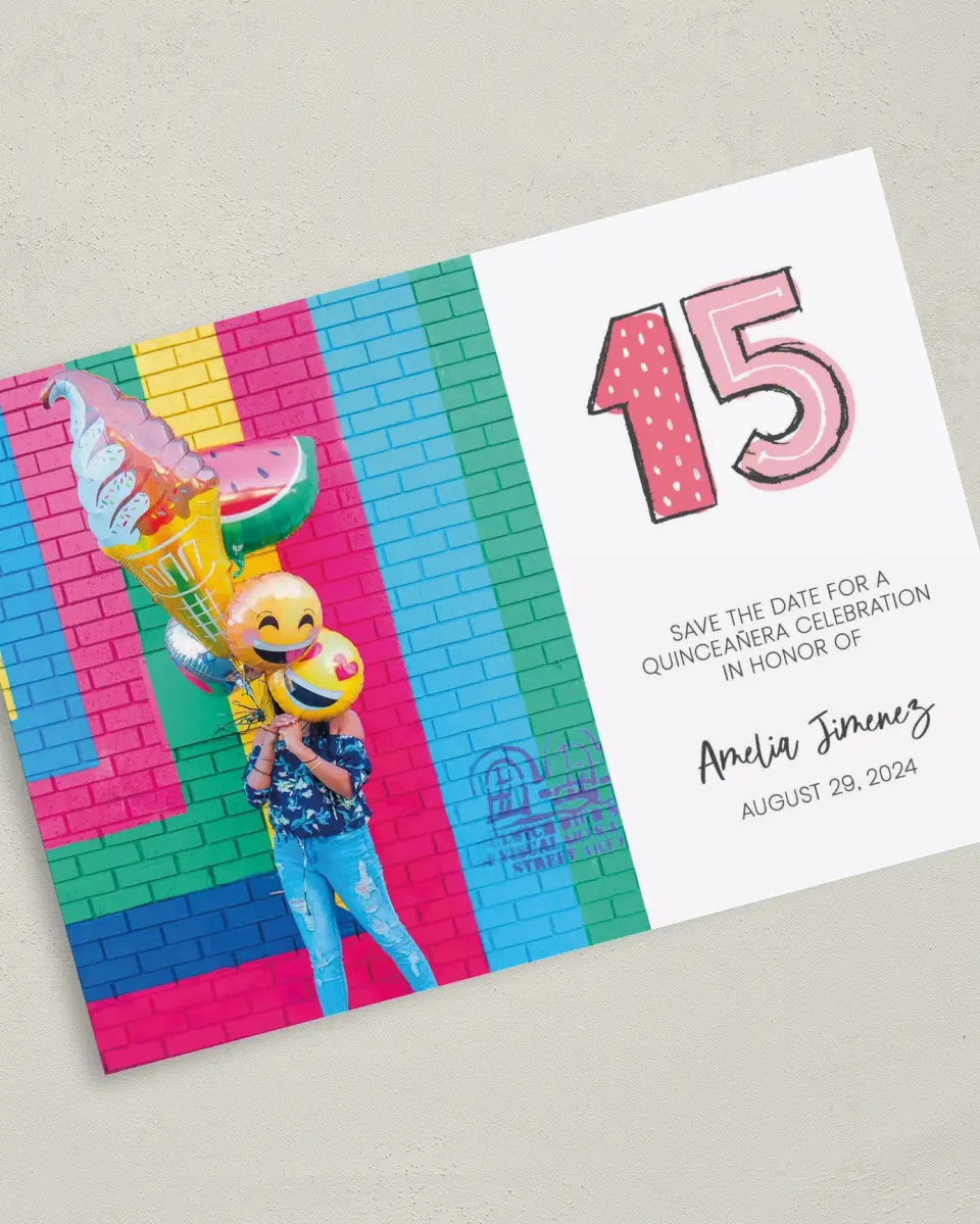 This is a 5" x 7" Quinceanera Save the Date called Fun Fifteen printed in full color on Premium Smooth paper