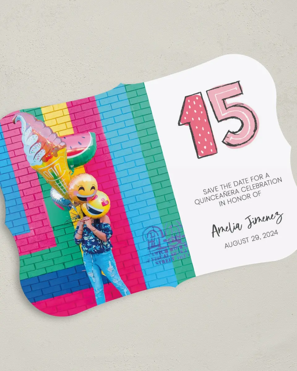 This is a 5" x 7" Quinceanera Save the Date called Fun Fifteen printed in full color on Premium Smooth paper