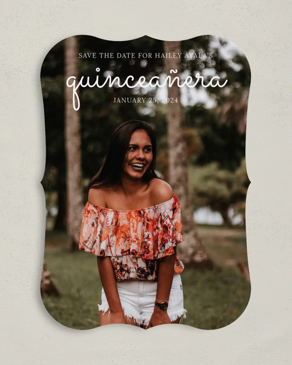 This is a 5" x 7" Quinceanera Save the Date called Blissful Fifteen printed in full color on Premium Smooth paper
