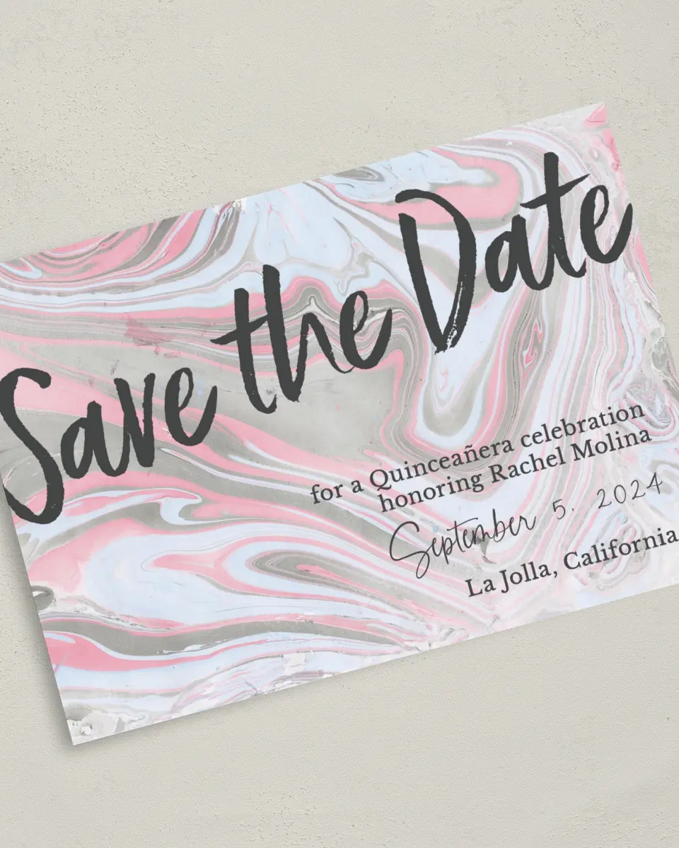 This is a 5" x 7" Quinceanera Save the Date called Dazzling Marble printed in full color on Premium Smooth paper
