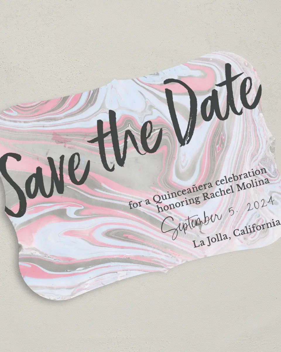 This is a 5" x 7" Quinceanera Save the Date called Dazzling Marble printed in full color on Premium Smooth paper