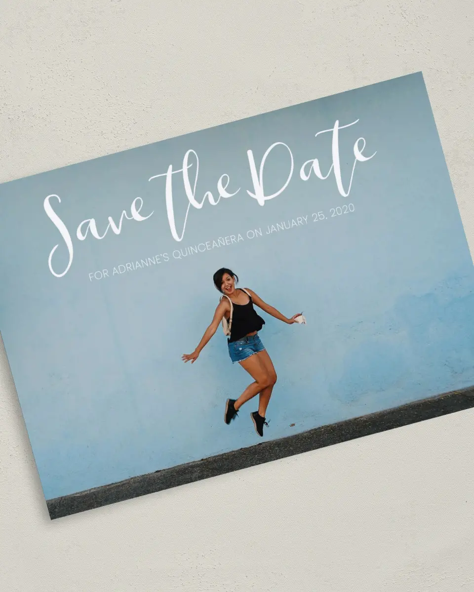 This is a 5" x 7" Quinceanera Save the Date called Glitzy Gala printed in full color on Premium Smooth paper