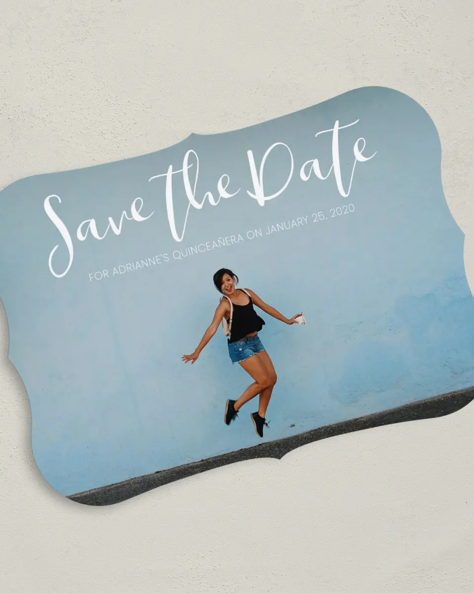 This is a 5" x 7" Quinceanera Save the Date called Glitzy Gala printed in full color on Premium Smooth paper