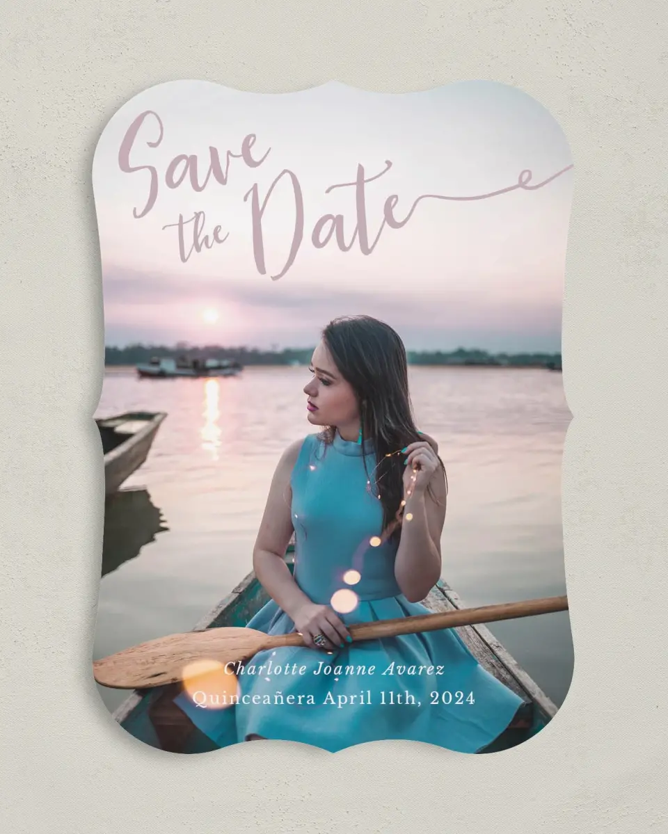 This is a 5" x 7" Quinceanera Save the Date called Elegant Bokeh printed in full color on Premium Smooth paper