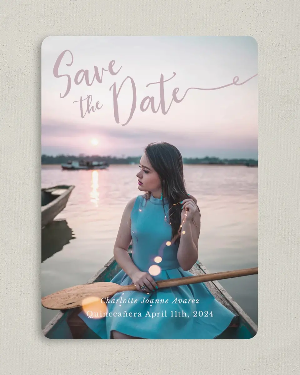 This is a 5" x 7" Quinceanera Save the Date called Elegant Bokeh printed in full color on Premium Smooth paper