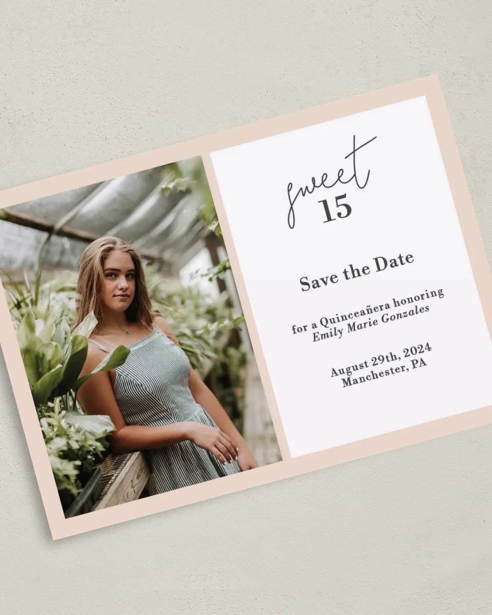 This is a 5" x 7" Quinceanera Save the Date called Super Sweet 15 printed in full color on Premium Smooth paper