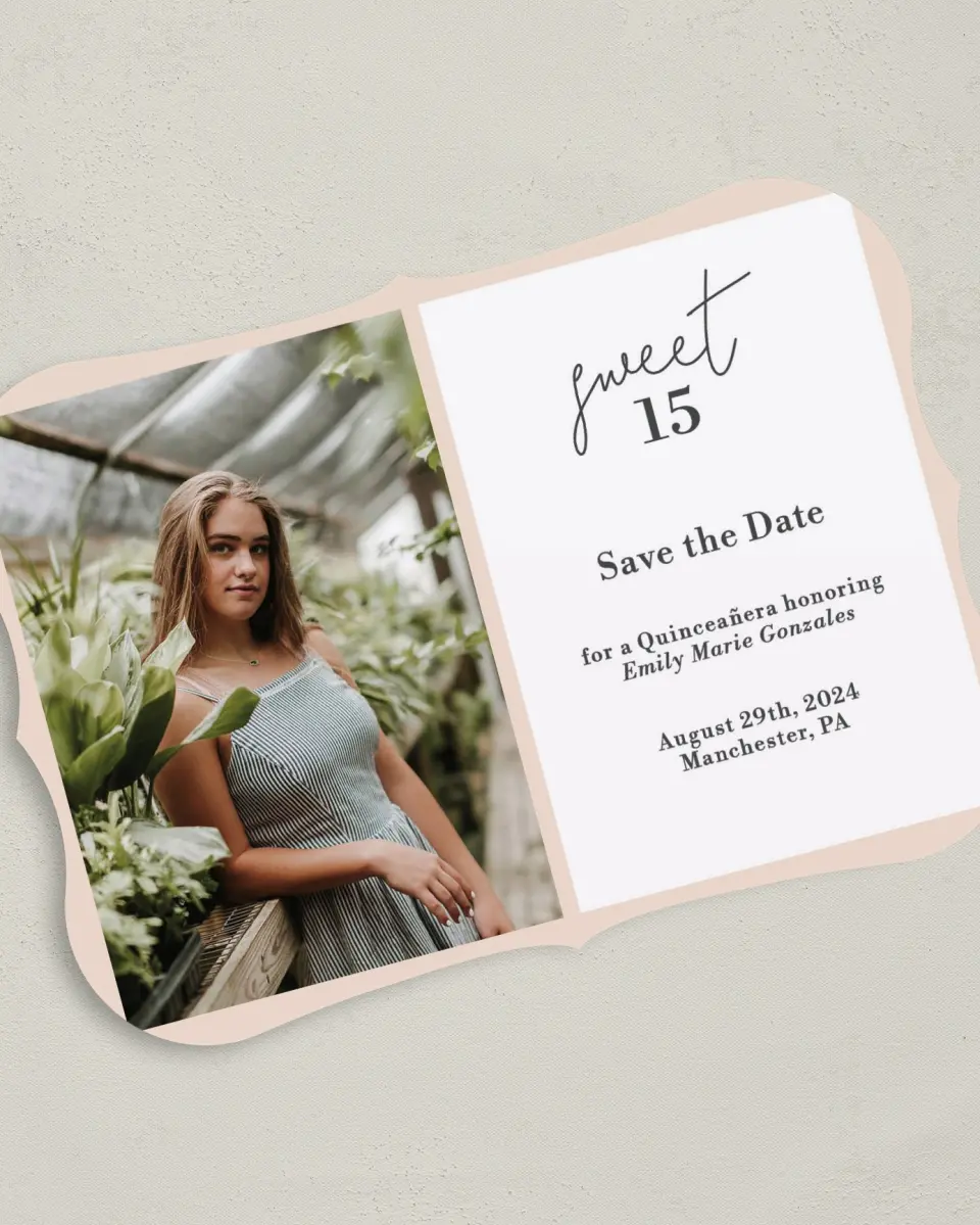 This is a 5" x 7" Quinceanera Save the Date called Super Sweet 15 printed in full color on Premium Smooth paper