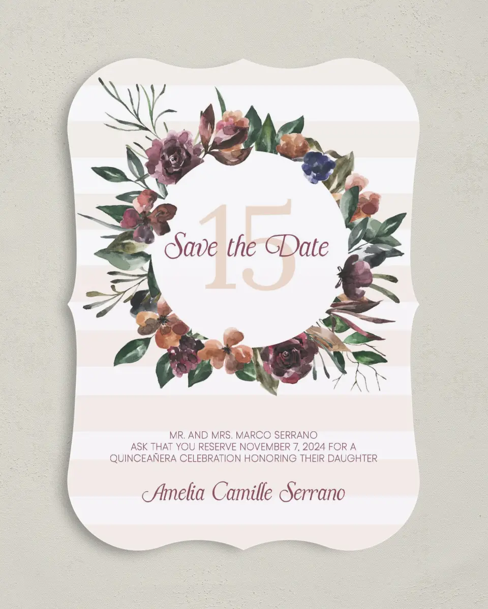 This is a 5" x 7" Quinceanera Save the Date called Gracefully Fifteen printed in full color on Premium Smooth paper