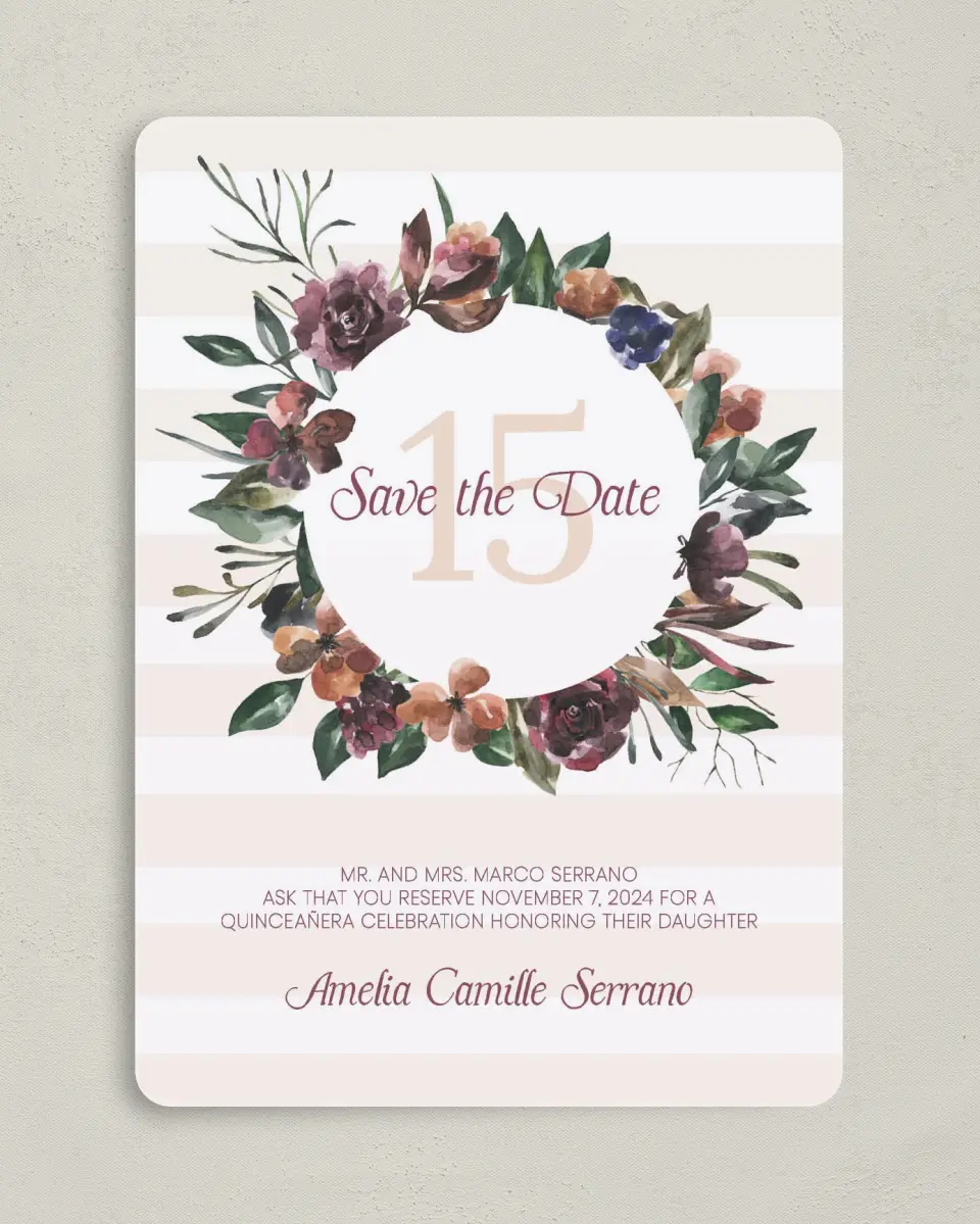 This is a 5" x 7" Quinceanera Save the Date called Gracefully Fifteen printed in full color on Premium Smooth paper