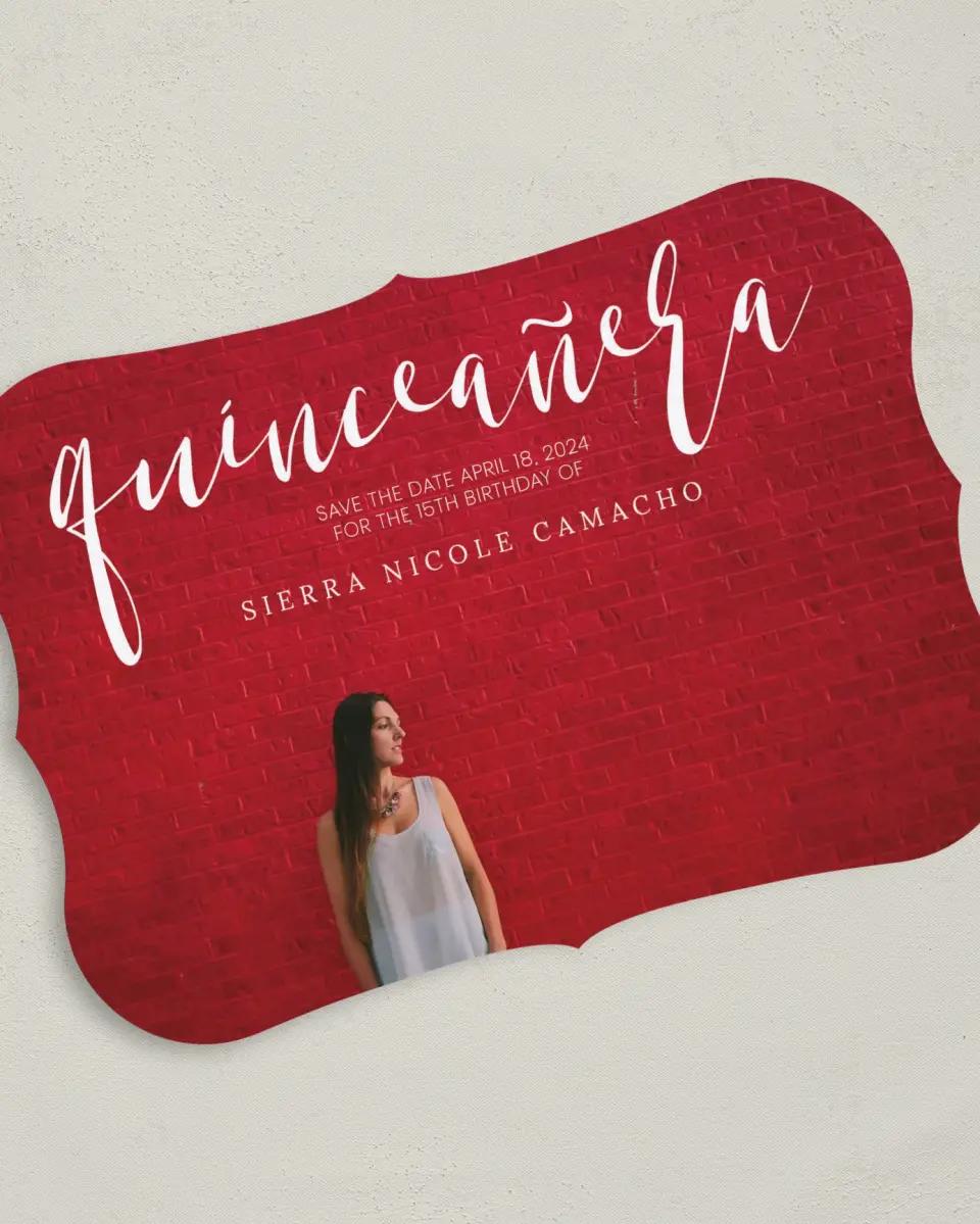 This is a 5" x 7" Quinceanera Save the Date called Quince Glam printed in full color on Premium Smooth paper