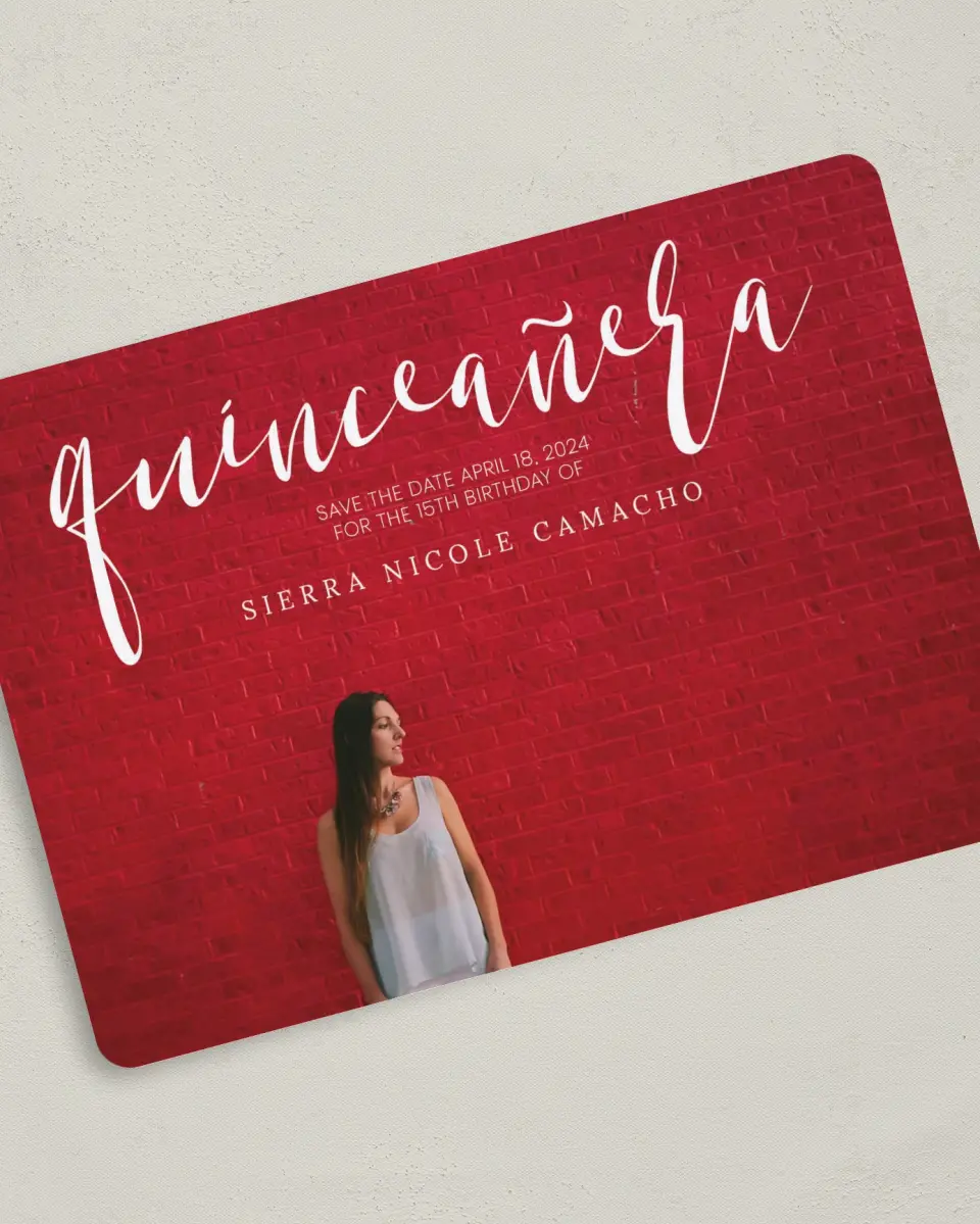 This is a 5" x 7" Quinceanera Save the Date called Quince Glam printed in full color on Premium Smooth paper