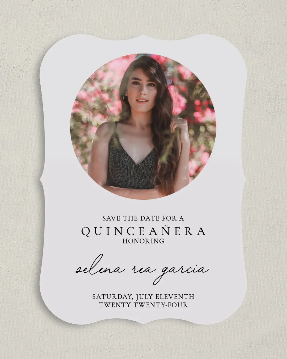 This is a 5" x 7" Quinceanera Save the Date called Lovely Blooms printed in full color on Premium Smooth paper
