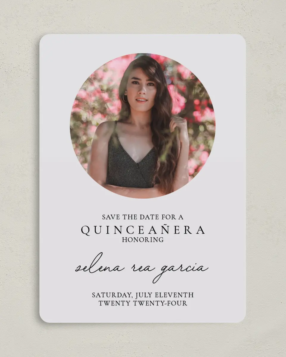 This is a 5" x 7" Quinceanera Save the Date called Lovely Blooms printed in full color on Premium Smooth paper