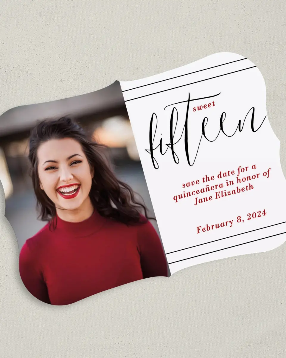 This is a 5" x 7" Quinceanera Save the Date called Showy Sweet Fifteen printed in full color on Premium Smooth paper