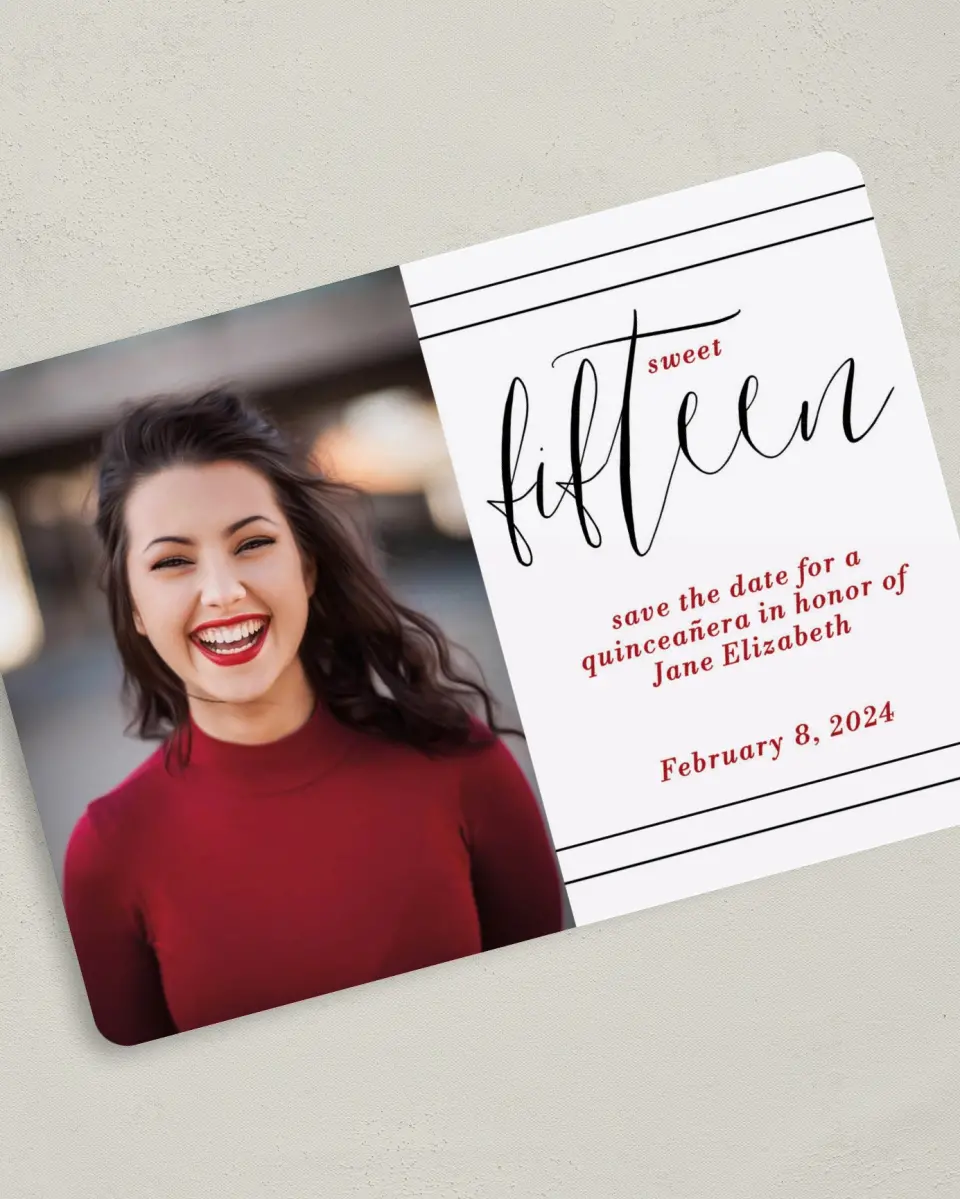 This is a 5" x 7" Quinceanera Save the Date called Showy Sweet Fifteen printed in full color on Premium Smooth paper
