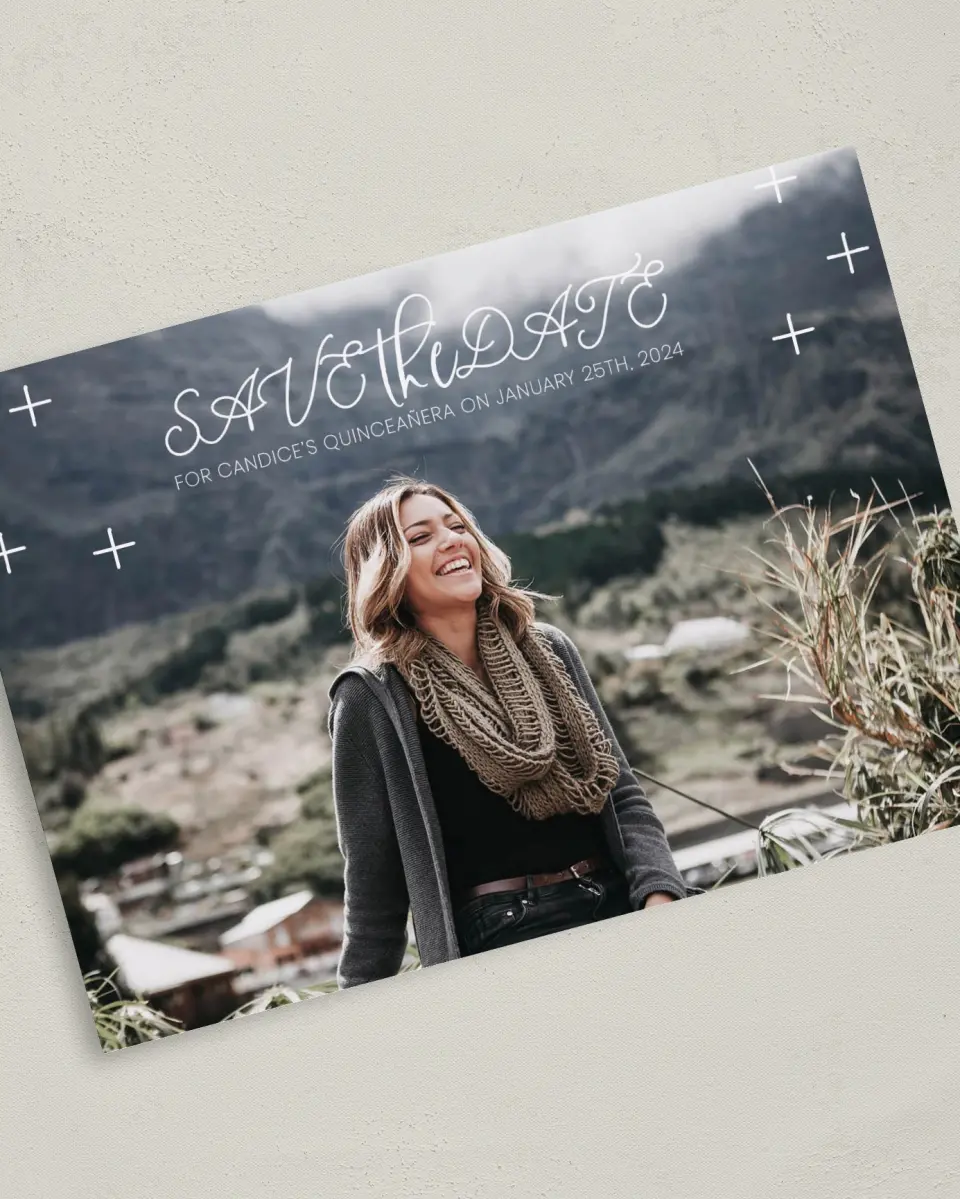 This is a 5" x 7" Quinceanera Save the Date called Radiant Tradition printed in full color on Premium Smooth paper