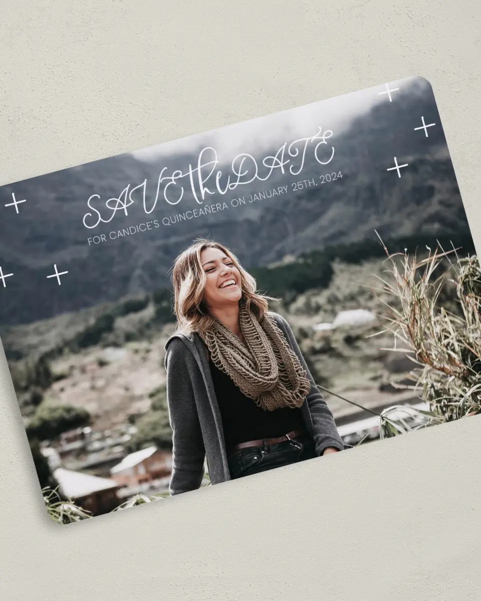 This is a 5" x 7" Quinceanera Save the Date called Radiant Tradition printed in full color on Premium Smooth paper