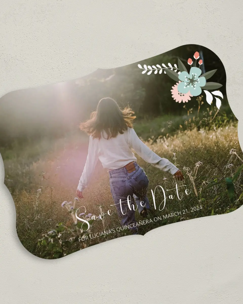 This is a 5" x 7" Quinceanera Save the Date called Framed Florets printed in full color on Premium Smooth paper