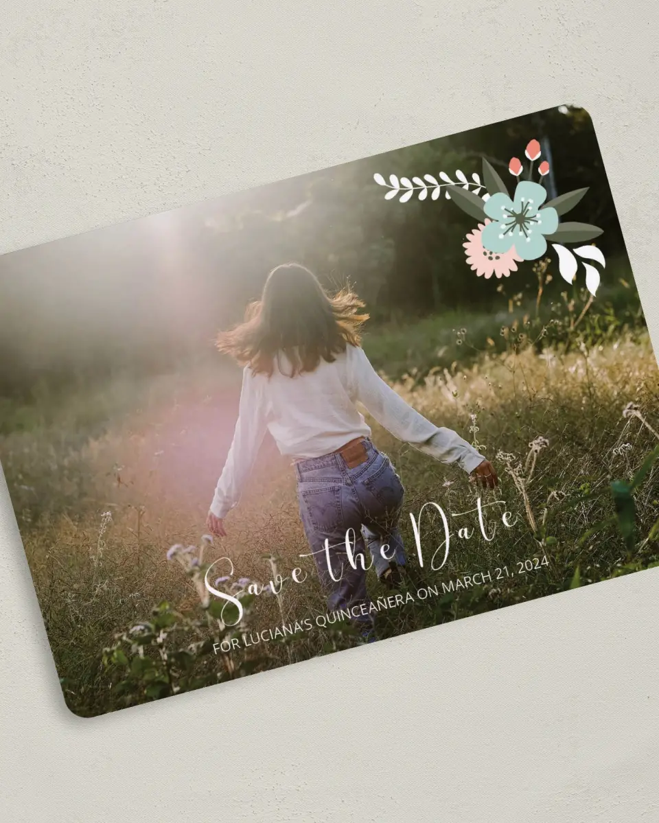 This is a 5" x 7" Quinceanera Save the Date called Framed Florets printed in full color on Premium Smooth paper