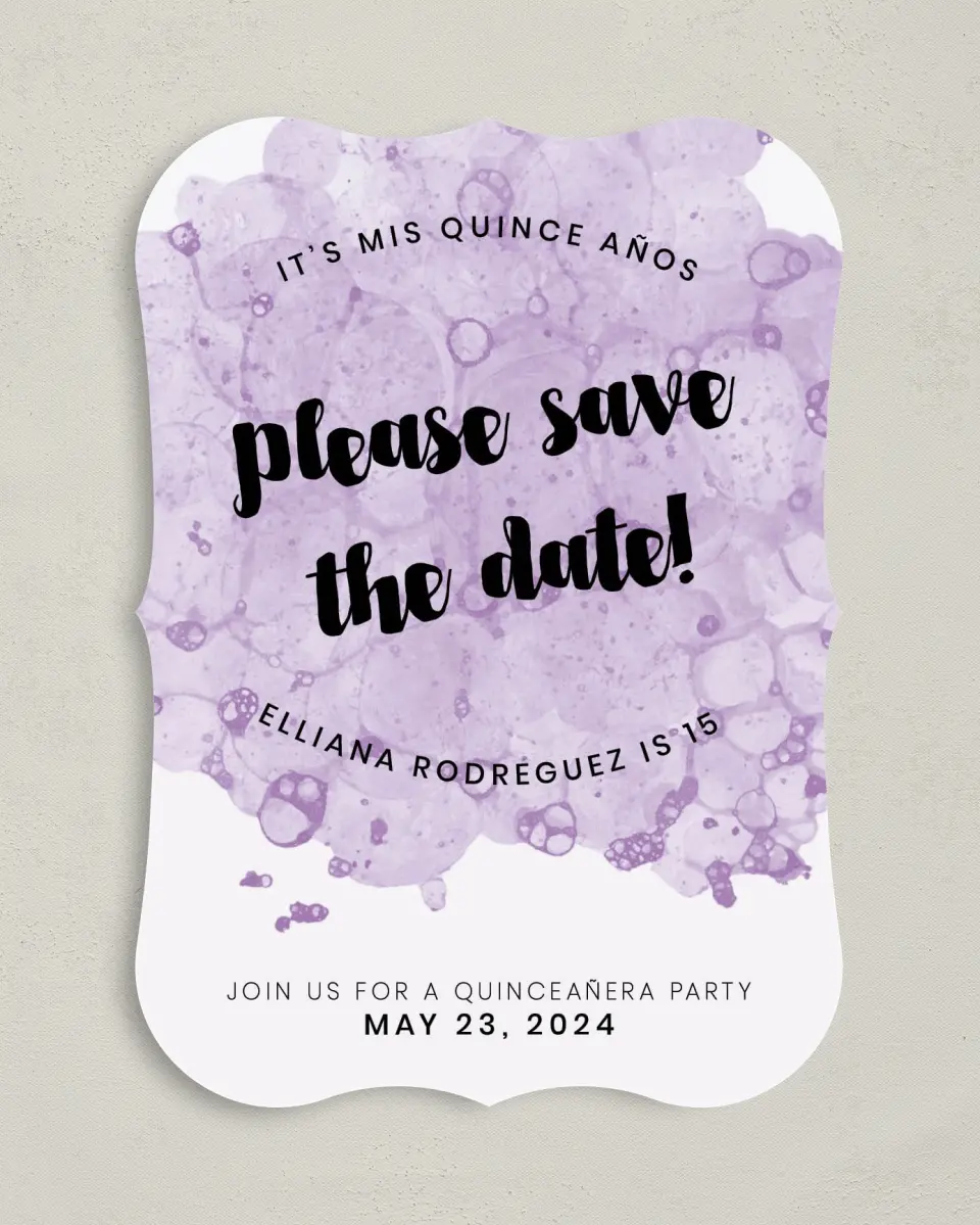 This is a 5" x 7" Quinceanera Save the Date called Inky Delight printed in full color on Premium Smooth paper