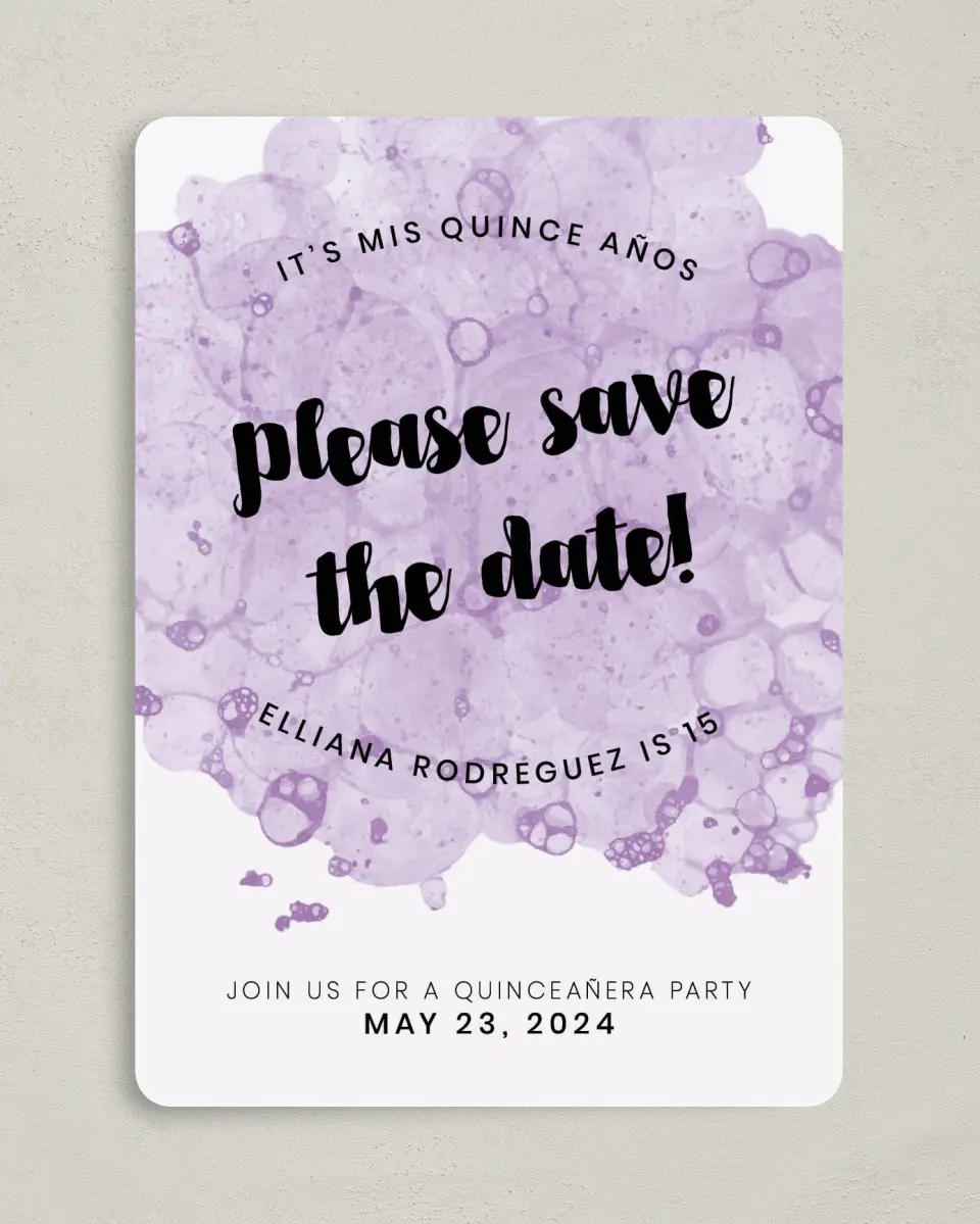 This is a 5" x 7" Quinceanera Save the Date called Inky Delight printed in full color on Premium Smooth paper
