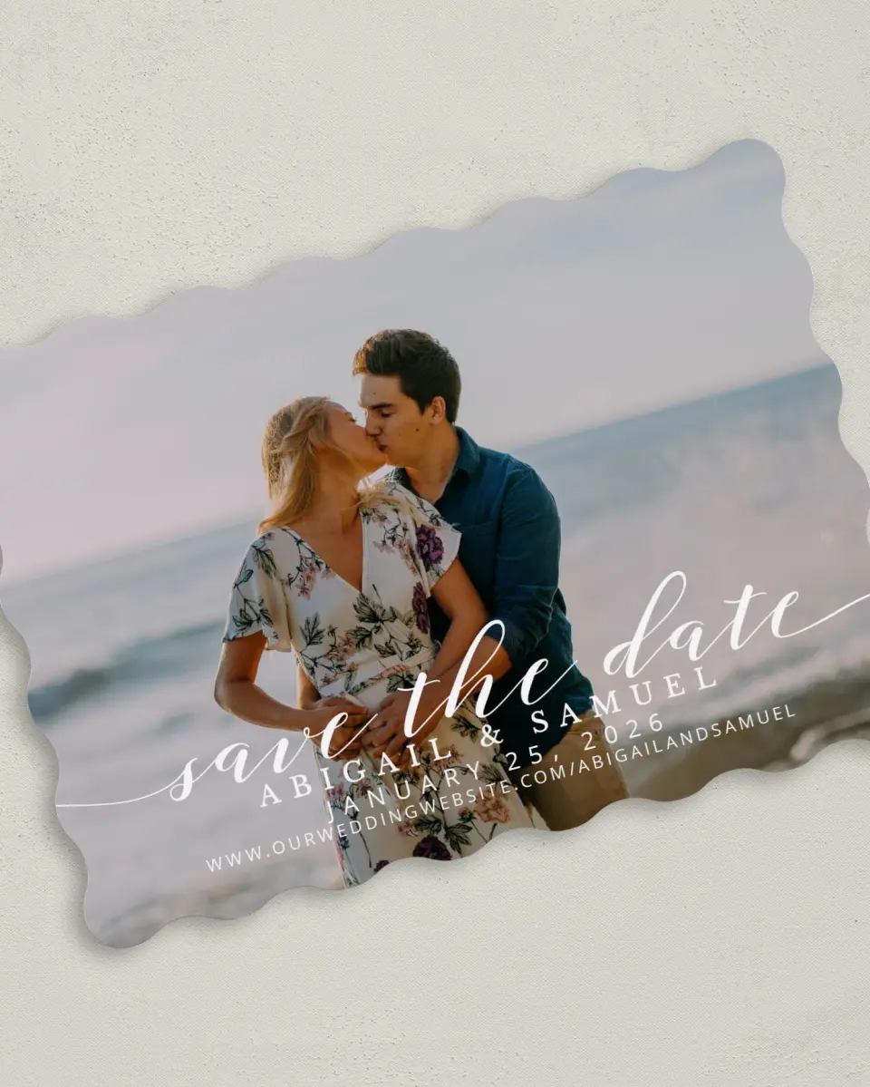 This is a 5" x 7" Save the Date Card called Timeless Eloquence printed in full color on Premium Smooth paper