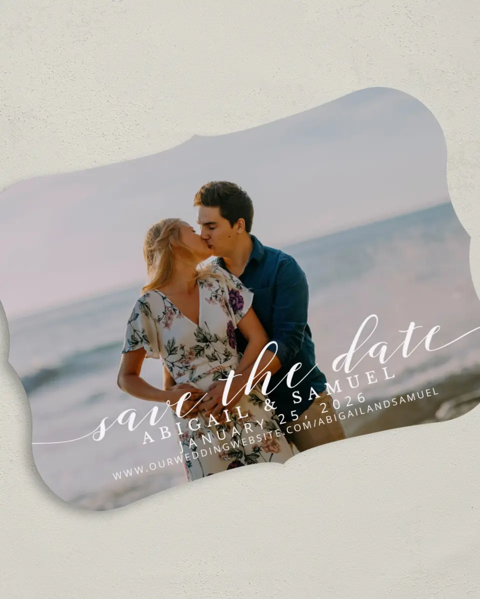 This is a 5" x 7" Save the Date Card called Timeless Eloquence printed in full color on Premium Smooth paper