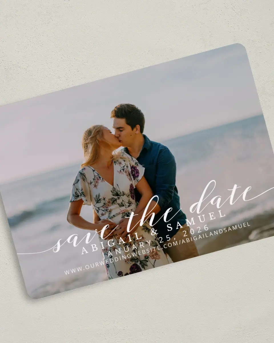 This is a 5" x 7" Save the Date Card called Timeless Eloquence printed in full color on Premium Smooth paper