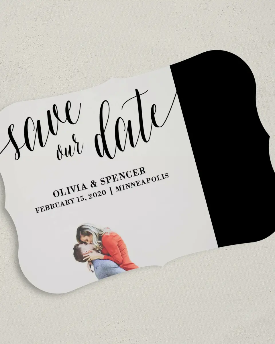 This is a 5" x 7" Save the Date Card called Marble Mystique printed in full color on Premium Smooth paper