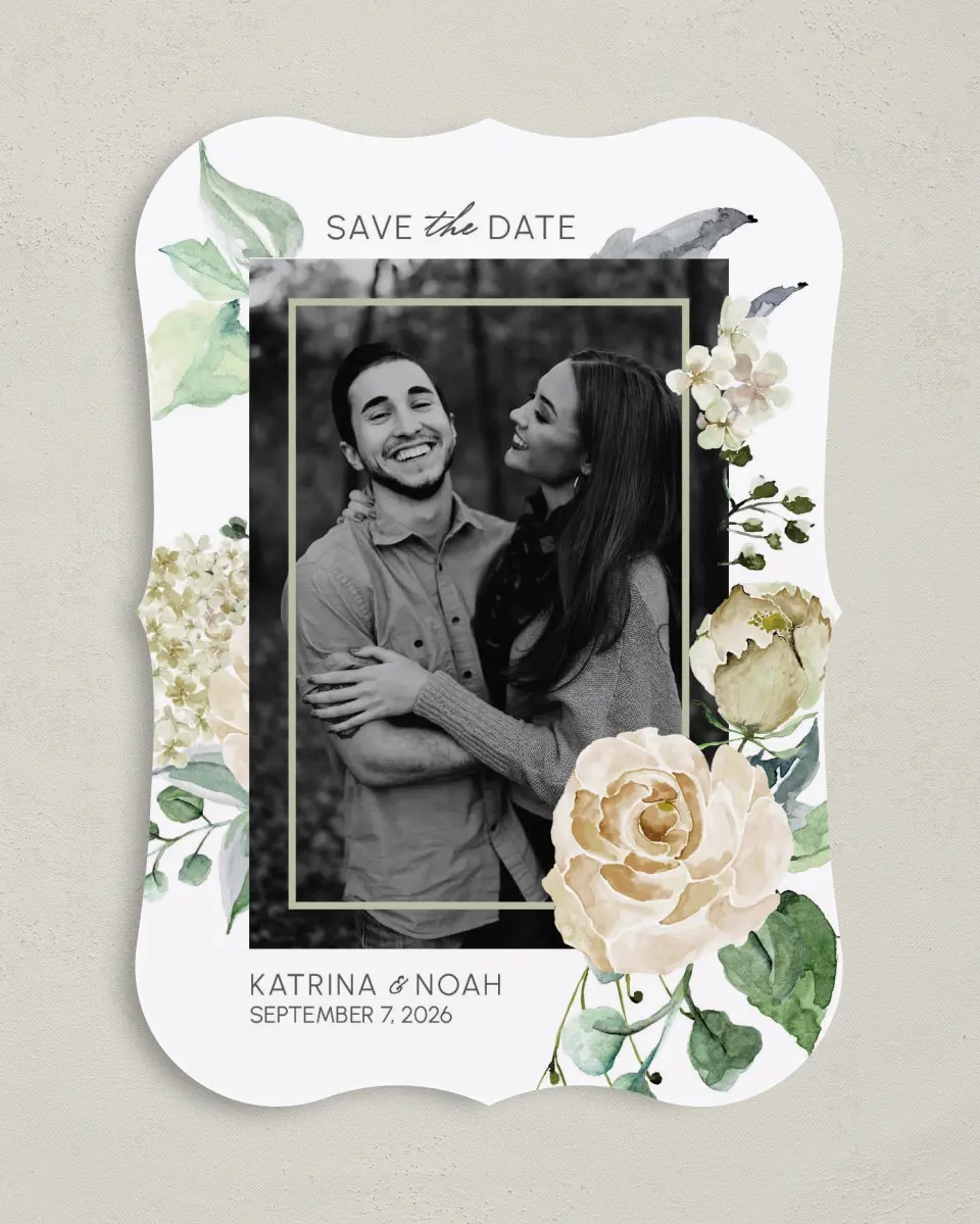 This is a 5" x 7" Save the Date Card called Divine Romance printed in full color on Premium Smooth paper