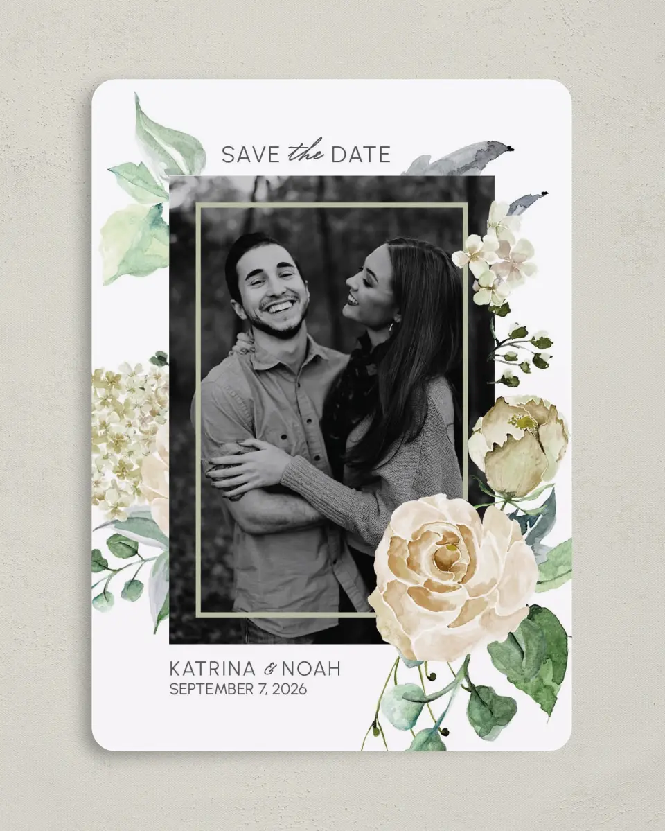This is a 5" x 7" Save the Date Card called Divine Romance printed in full color on Premium Smooth paper