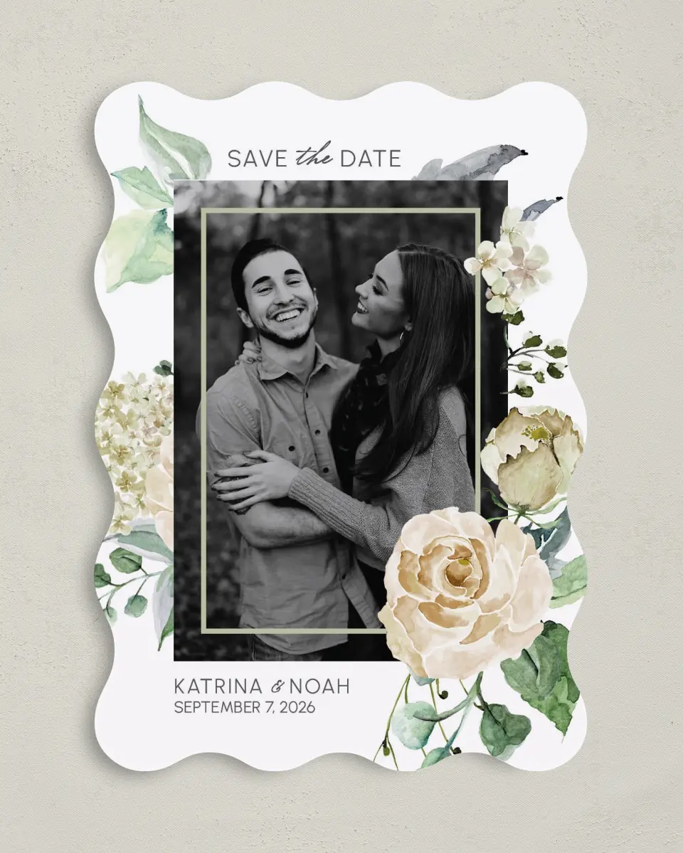 This is a 5" x 7" Save the Date Card called Divine Romance printed in full color on Premium Smooth paper