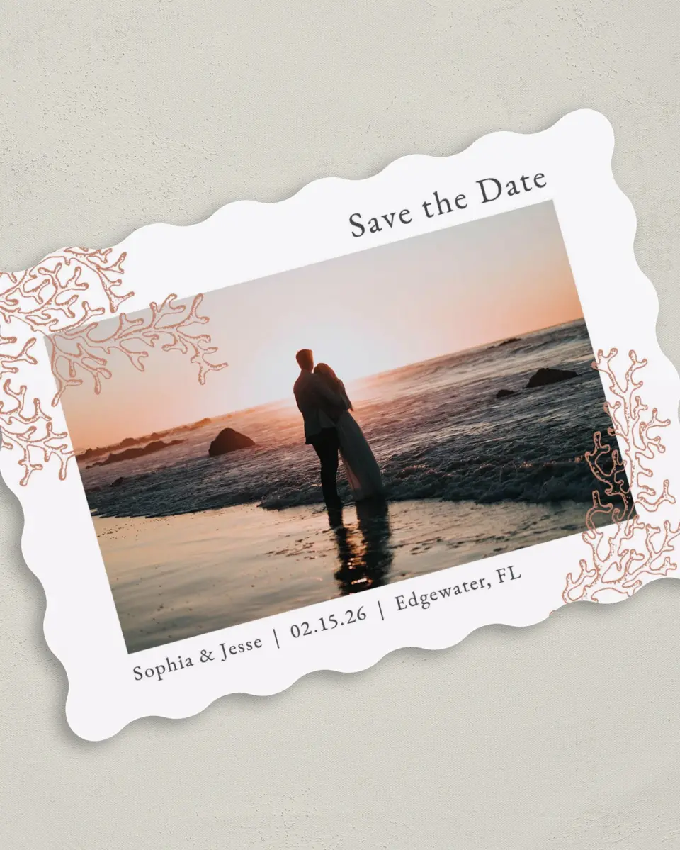 This is a 5" x 7" Save the Date Card called Tropical Heaven printed in full color on Premium Smooth paper