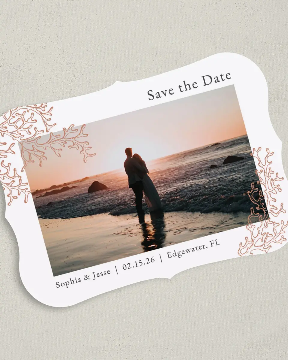This is a 5" x 7" Save the Date Card called Tropical Heaven printed in full color on Premium Smooth paper