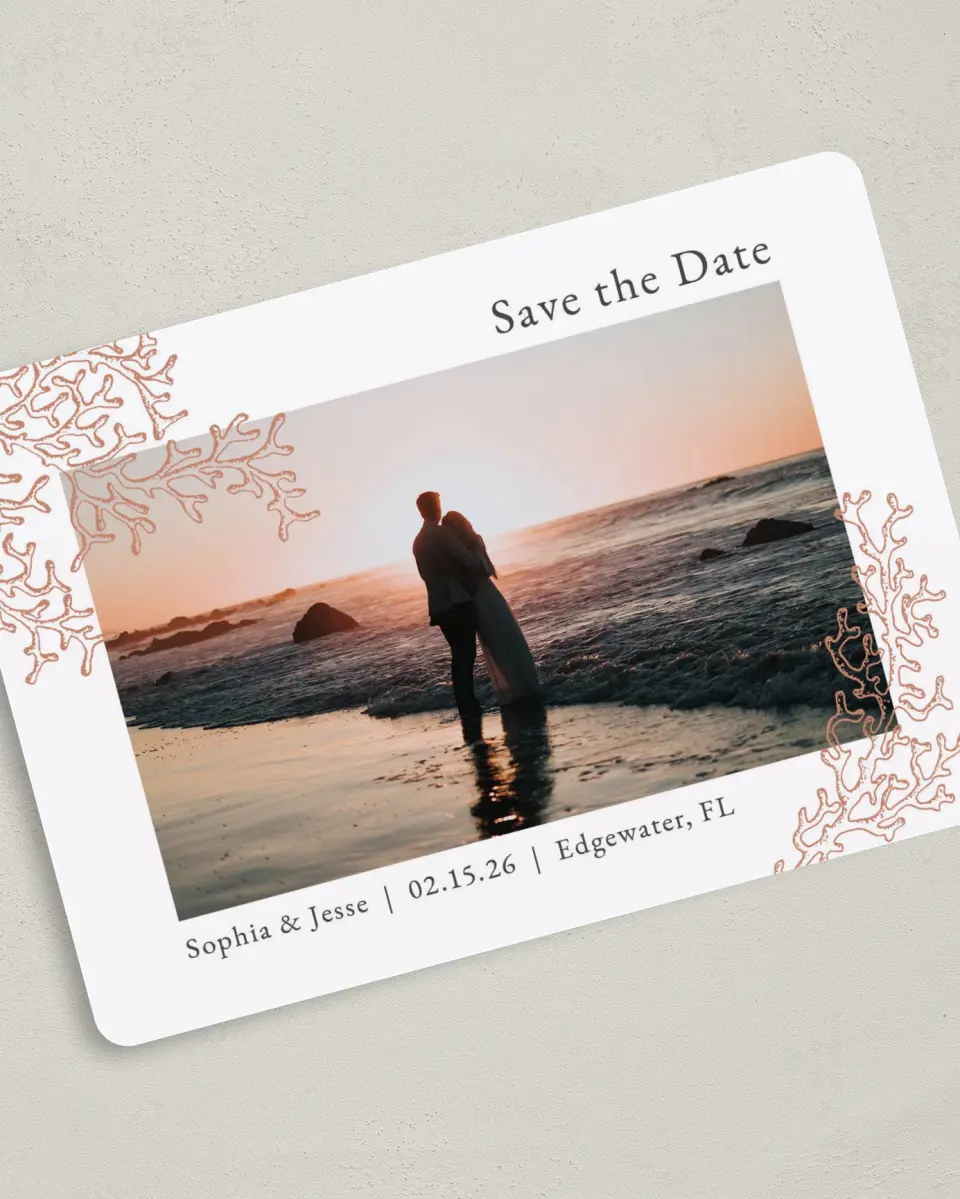 This is a 5" x 7" Save the Date Card called Tropical Heaven printed in full color on Premium Smooth paper