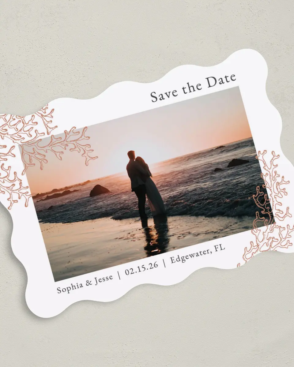 This is a 5" x 7" Save the Date Card called Tropical Heaven printed in full color with Gold foil on Luxe Satin (coated) paper