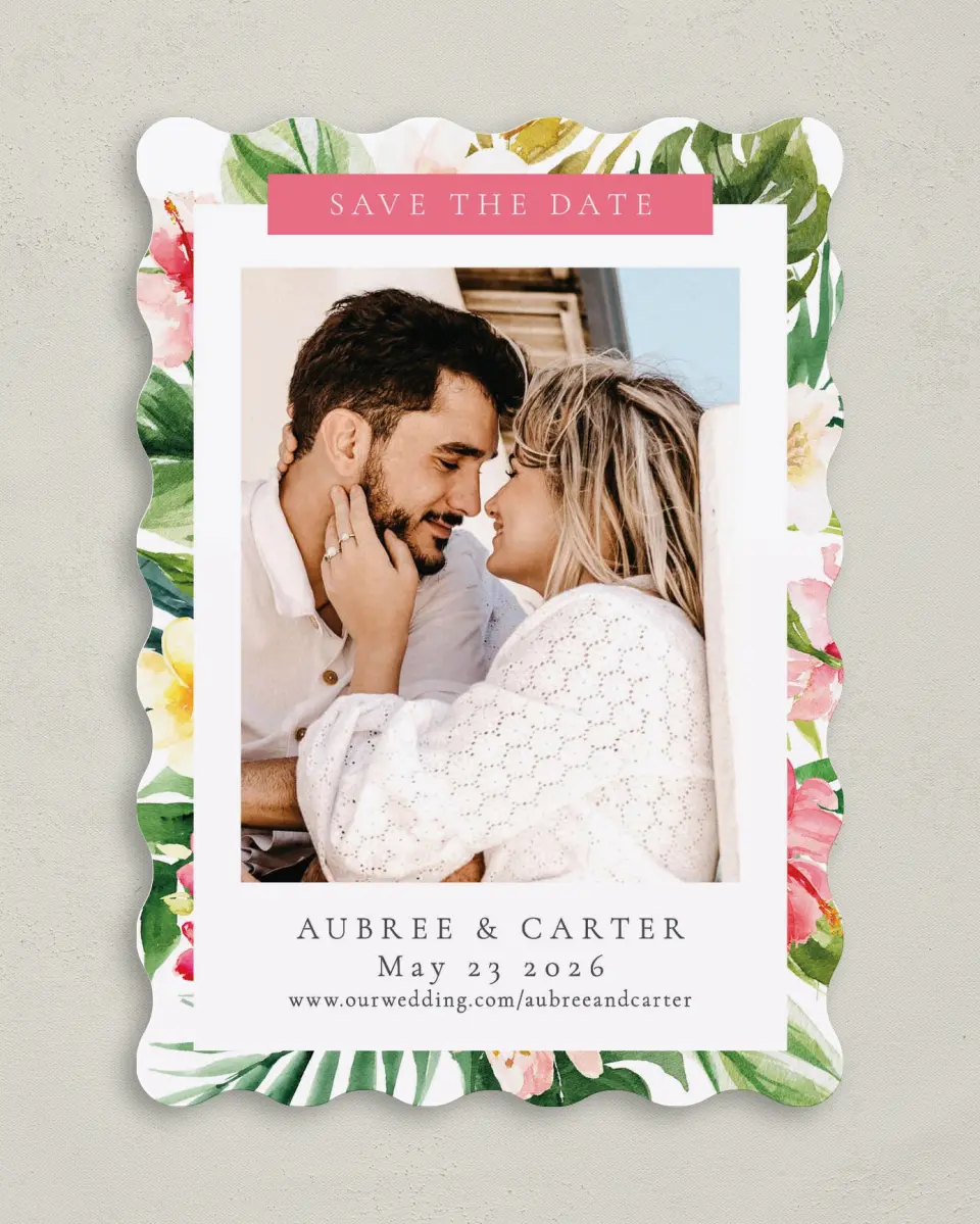 This is a 5" x 7" Save the Date Card called Paradise of Love printed in full color on Premium Smooth paper