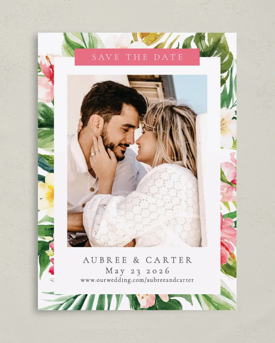 This is a 5" x 7" Save the Date Card called Paradise of Love printed in full color on Premium Smooth paper